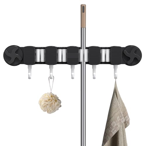 Soporte para escobas, estante de almacenamiento de pared resistente con 5 ganchos, soporte de utilidad para cepillo, pala, guantes, trapos, baño, garaje, herramientas de jardín y espacios al aire