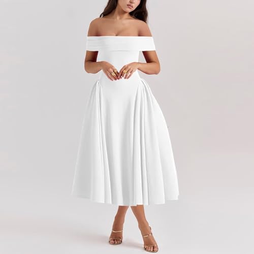 Image of Women's Summer Off Shoulder Fit and Flare Midi Dress - Sleeveless Sexy A Line Corset Club Party Going Out Dresses