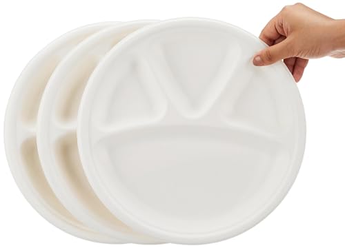 Image of Amazon Basics 4-Compartment Bagasse Disposable Round Plates | 11 Inch - Pack of 50 | Biodegradable | Leak-Resistant | Hot & Cold Food Safe | Eco-Friendly | Party, Weddings, Birthdays, Events