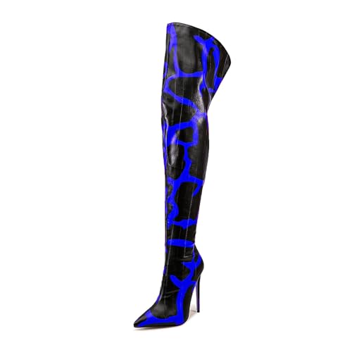 Image of Thigh high boots for women striped Back zipper Burgundy Zebra Print Over the knee Sexy gold white pointed toe Cow Print leopard Magenta stiletto heel