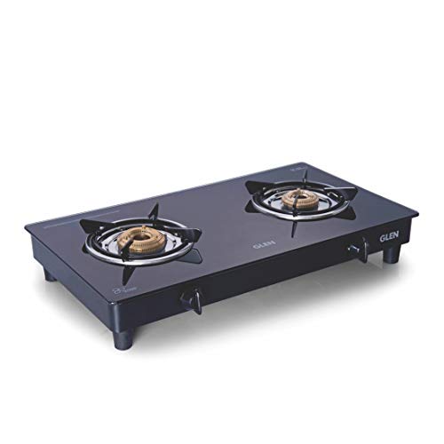 Glen 2 Burner Toughened Glass Top | LPG Gas Stoves Extra Large | Fuel Efficient Brass Burners | Black | Manual Ignition | ISI Certified| Fixed Stainless Steel Drip Trays | Anti-Skid Feet | Ergonomic Knobs | 360 Degree Revolving Nozzle | 2 Year Warranty | 1020 GT XL BB BL