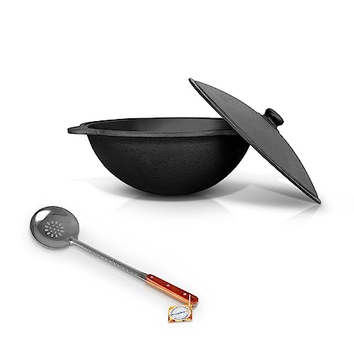 Hierro fundido Kazan 10 L Uzbeko con tapa de aluminio Uzbekistán espumadera cuchara para Plov, 48 cm olla WOK