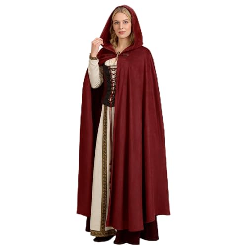 Giftdigger Renaissance Cloak for Men Women Adult Renaissance Hooded Cape Medieval Hobbit Cloak Women Men Victorian Velvet Cape with Necklace Halloween Short Velvet Capes Burgundy L/130