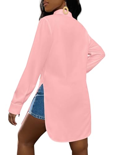 Image of LYANER Women's Collar Neck Long Sleeve Button Down Shirts Sexy Split Hem Tops Long Blouse Shirt Dress