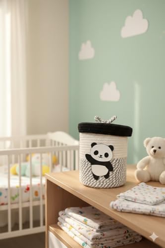 Image of Jute Basket For Storage Cotton Rope Toys Basket With Lid Handwoven Natural Foldable Laundry Hamper for Home, Office, Living Room Size 10x10 inch (PANDA)