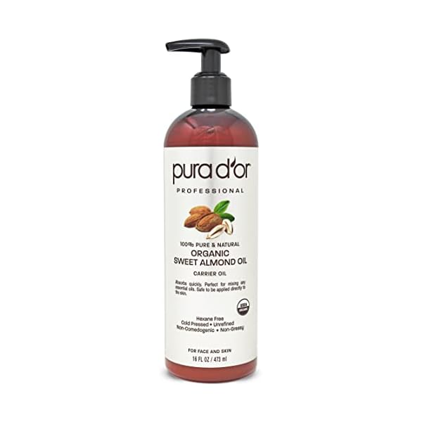 PURA D'OR Organic Sweet Almond Oil (16oz) USDA Certified 100% Pure & Natural Carrier Oil - Hexane Free - Skin & Face…