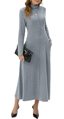 GRECERELLE Vestido Maxi para Mujer Cuello Alto Manga Larga Otoño Invierno Elegante Casual Diario Trabajo Cita Descanso Elástico Vestidos Largos para Señoras con Bolsillos, Dusty Azul, XL