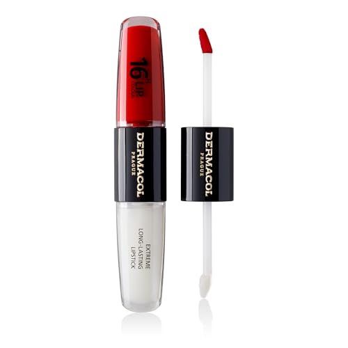 NUEVO Dermacol - Color Labial 16 Horas, Alta Pigmentación, Bifásico, Maquillaje a Prueba de Besos Con Acabado Mate y Brillo, No. 4, Revenge Red