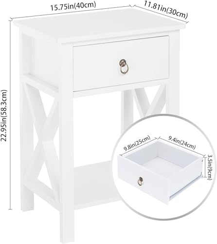 Image of Bonnlo White Nightstand Set of 2, Night Stand Set of 2 with Drawer, Farmhouse Nightstand, End Table /Bed Side /White Side Table for Small Spaces, Kids Room, Bedroom