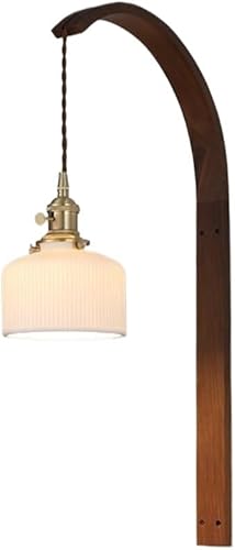 Mid Century Modern Wall Sconce Vintage Amber Glass with White Ceramics Gooseneck Farmhouse Wood Hanging Light for Bedroom Living Room Hallway E26E27