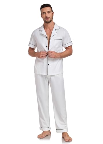 Image of COLORFULLEAF 100% Cotton Mens Pajamas Set Short Sleeve Loungewear with Long Pants Button Down Sleepwear Soft Comfy Pj for Men