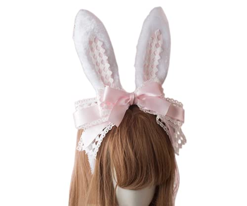 Handmade Hair Accessory Headband Gothic lolita cosplay Cute Rabbit Ears Bow Lace Hair Band Headwear (Pink)