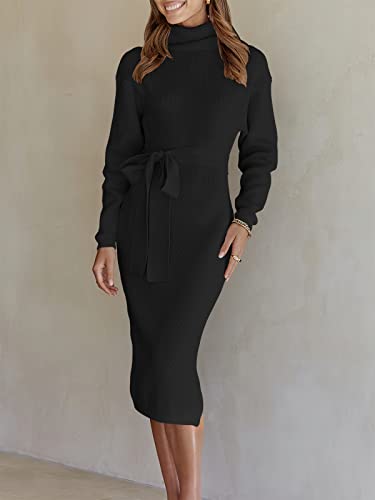Anrabess Sweater Dress For Women 2023 Fall Winter Turtleneck Oversized Chunky Knitted Slit Slim Fit Tie Front Knee Length Pullover Bodycon Midi Dress 675Heise-S Black #TOP4