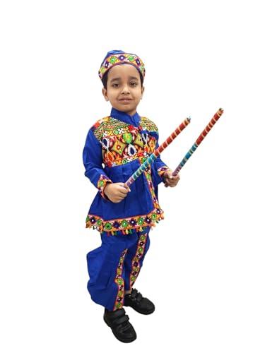 Image of BookMyCostume Blue Gujarati Kedia With A Pair of Dandiya Sticks Combo - Traditional Outfit for Navratri & Festivals | Gujarat Fancy Dress Costume For Kids & Adults 10-11 Years
