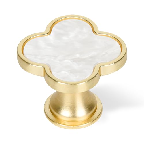 Dechours Clover Cabinet Knobs, 2 Pack 33mm Brushed Gold Drawer Knobs with White Pearl-Look Inlay, Decorative Gold Knobs for Cabinets, Drawers & Dressers