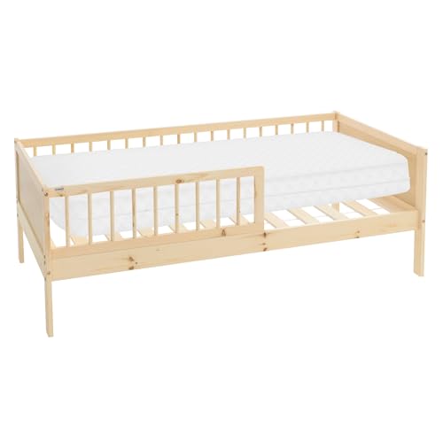 ML-Design Kinderbett 80x160 cm mit Matratze, Natur, Einzelbett für Kinder mit Lattenrost und Rausfallschutz, Jugendbett aus Kiefernholz, Holzbett, Bettgestell für Jungen & Mädchen, Massivholz Babybett