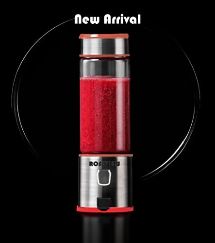 Roseview Portable Blender Smoothy Blenders Glass Bottle Battery Powered Smoothie Mini Juicer Smoothies Mixer Maker Cordless Juicer Jar Handheld Travel Fruit Personal Mixeur Cup Melangeur Shake Usb Rechargeable (Red Silver) #TOP1