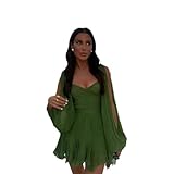 rongty 2024 Spring Girl Dress Sexy Hollow Balloon Sleeve V-Neck Off-The-Shoulder Mini Dress (GREEN,Small)