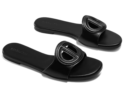 Coutgo Womens Dressy Flat Sandals Open Toe Slip on Leather Summer Beach Slide Sandals