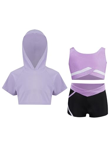 Kids Girls Pcs Dance Gymnastic Sports Outfit Short Hoodie Hooded With Tank Top Active Shorts Set Tracksuit