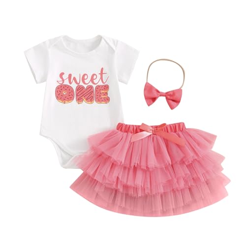 FYBITBO Sweet One First Birthday Outfit Baby Girl Donut Short Sleeve Romper Tulle Tutu Skirt Dress 1St Birthday Girl Outfit