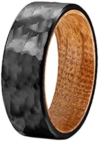 Titanium Whiskey Barrel Rings for Men Hammered Wedding Band Black Wooden Ring 8mm Unique Whiskey Wood Mens Ring