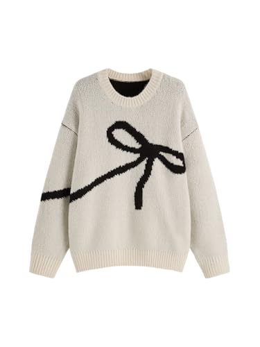 CIDER Sweaters for Women Crew Neck Bow Knit Loose Fit Sweater Long Sleeve Pullover Y2k Top Cute Fall Winter Outfits