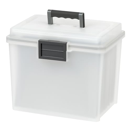 IRIS USA File Box WeatherPro Portable File Organizer Plastic File Box for Letter File w/ Organizer-Lid, Durable Lid and Seal w/ Secure Latching Buckles, Stackable and Nestable, Pearl 19 Qt. 1 Pack