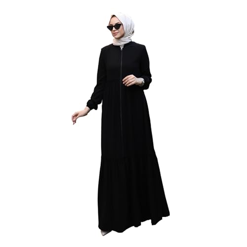 Modest Abaya for Muslim Women Zipper and Gathering Detail Long Sleeve Dress Islamic Kaftan Maxi Size Hijab Arabic Robe Prayer (Black, Large)
