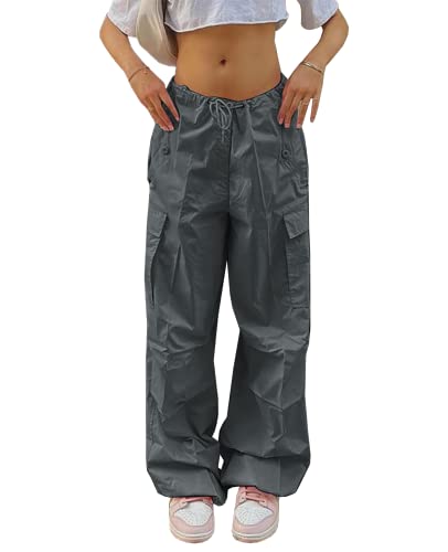 Neyaolk Women's Grey Cargo Pants, Large, 30 Inseam, 32 Waist, Low Rise, Wide Leg, 6 Pockets, All Seasons, Solid, Casual, Party, Vacation