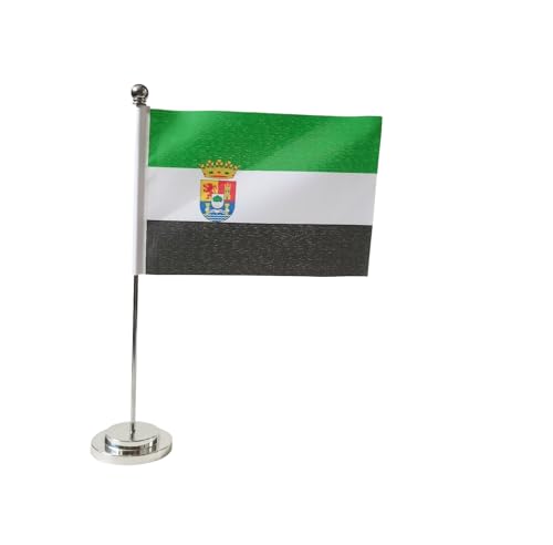 Bandera de mesa Extremadura de escritorio, 21 x 14 cm, mástil y base de acero, banderas de mesa para salas de reuniones (Extremadura)