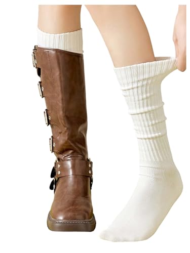 RoseSeek Womens 2 Pairs Y2K Boot Socks Ribbed Knit Knee High Socks Comfy Long Leg Warmers Black and White 36-39