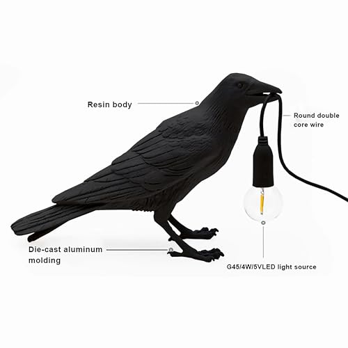 Image of Raven Bird Lamp,Vintage Resin Crow Lamp with E14 Blub, Wall Mounted Gothic Wall Sconce Night Light Fixture with Plug in Cord for Living Room Bedroom Art Deco