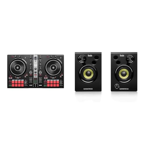 Hercules DJControl Inpulse 300 MK2 – USB DJ Controller – 2 Decks with 16 Pads and Built-in Sound Card & DJMonitor 32-2 x 15 watts RMS active monitoring speakers - UK Version, Black