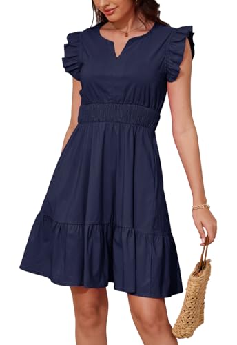 Image of Jayscreate Women's Ruffle Sleeve Layered Dress Pockets Elastic Waist 2025 V Neck Above Knee Summer Casual Cute Dress