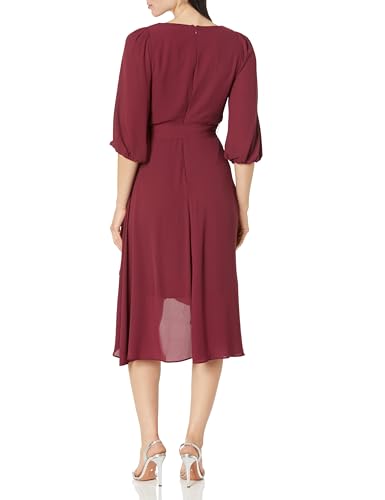 Image of DKNY Women's Chiffon Balloon Sleeve Faux Wrap Midi Dress with High-Low Hem