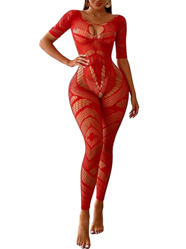 Buitifo Sexy Bodystocking Femmes Bas de Lingerie Nightwear Fishnet Bodys Nuisettes(rouge dzj,Taille unique)
