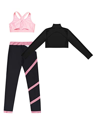 Hansber Kids Girls 3Pcs Dance Sports Outfit Sports Bra Long Sleeve Crop Top with Athletic Leggings Tracksuit Set4
