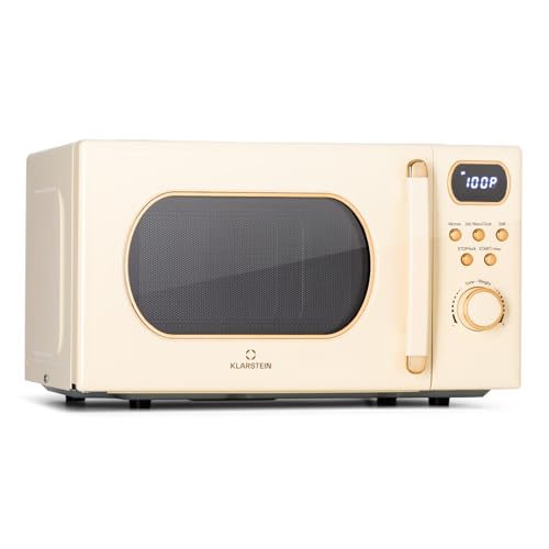 Klarstein Mikrowelle mit Grill, 800 Watt Mikrowelle Klein, 3-in-1Edelstahl-Mikrowelle Creme, Kleine 20 Liter Mikrowelle mit Auftau- und Pizzafunktion, Drehteller, Platzsparend, Einfach zu Bedienen