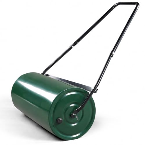 46L Heavy Duty Lawn Roller Garden Lawn Roller Water or Sand Filled Drum Galvanized Steel Construction Scraper Bar & Collapsible Handle for Levelling Uneven Ground Green (46L)