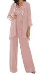 Dusty-Rose Mother of The Bride Outfits Chiffon Womens Trouser Suits for Wedding Guest 3 Pieces Floaty Trouser Suits with Jacket Size 30