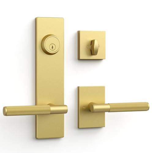 Asidrama Brushed Gold Solid Heavy-Duty Knurled Front Door Handle Set with Deadbolt, Architectural Grade Modern Entry Door Lockset, Premium Mechanical Exterior Door Handleset, Reversible