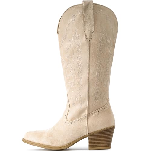 Image of IUV Suede Cowboy Boots For Women Chunky Heel Pointed Toe Cowgirl Boots