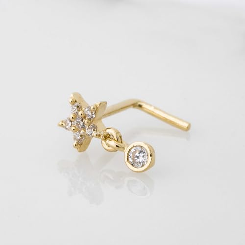 Jewelry Avalanche Solid 14K Yellow Gold Star L-Shape Nose Stud Dangling Bezel CZ Accent, 20G L-bend Nose Ring Stud 14KNLS112STR-CZ2