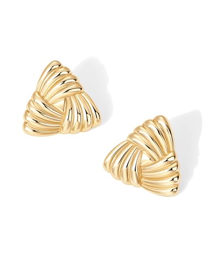 Image of PAVOI 14K Gold Plated Chunky Vintage Earrings for Women - Trendy Textured Ribbed Knot Geometric Triangle Rope Button Seashell Wing Dangle Drop Stud Earring