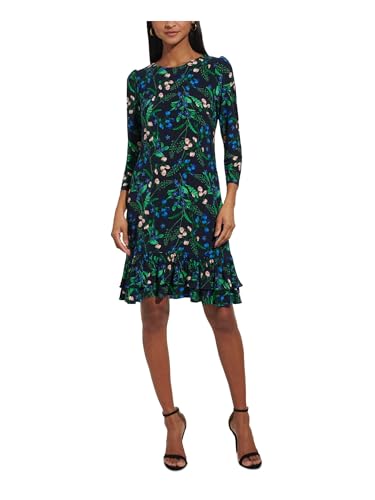Image of Tommy Hilfiger Women's 3 /4 Sleeve Crew Neck Double Ruffle Hem Jersey Shift Mini Dress