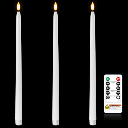 Image of Homemory 15 inches Real Wax Flameless Taper Candles with Remote Timer, 3 Pcs White LED Taper Candles Battery Operated with 3D Flickering Flame, Window Candle Led Candlesticks for Dinners Home Decor