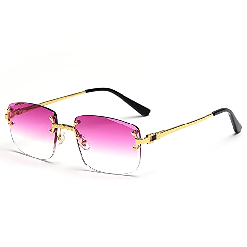 Image of Gradient Lens Metal Sunglasses Rimless Square Blue UV400 Brown Women Frameless