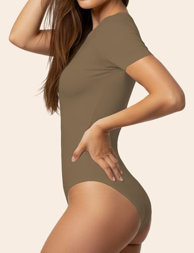 Image of YOGINGO Womens Short Sleeve Bodysuit Crew Neck Slim Fit Basic Body Suit Top Soft Stretch Leotard