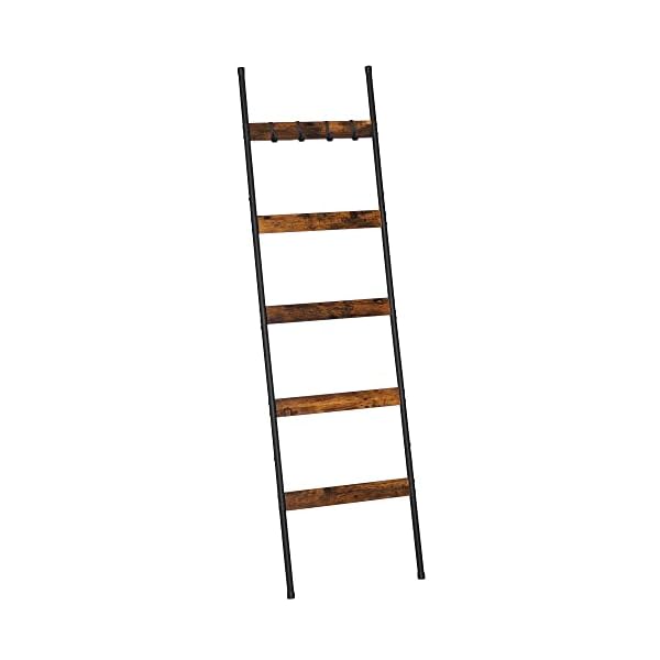 Blanket Ladder for Living Room, ELYKEN Farmhouse 5 -Tier Quilt Holder with 4 Removable Hooks for Bathroom, Black Wood Towel Rack Display, Wall Anchor Leaning Decorative Stand for Home Decor